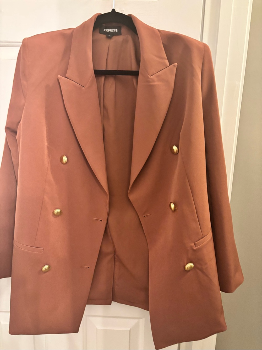 Express Double-Breasted Copper Blazer with Gold Buttons